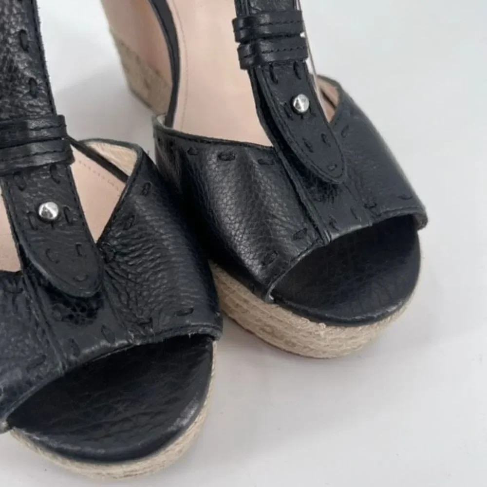 Coach Gala Black Leather Wedges Espadrille Wood Size 10 Peep toe T Strap Sandals